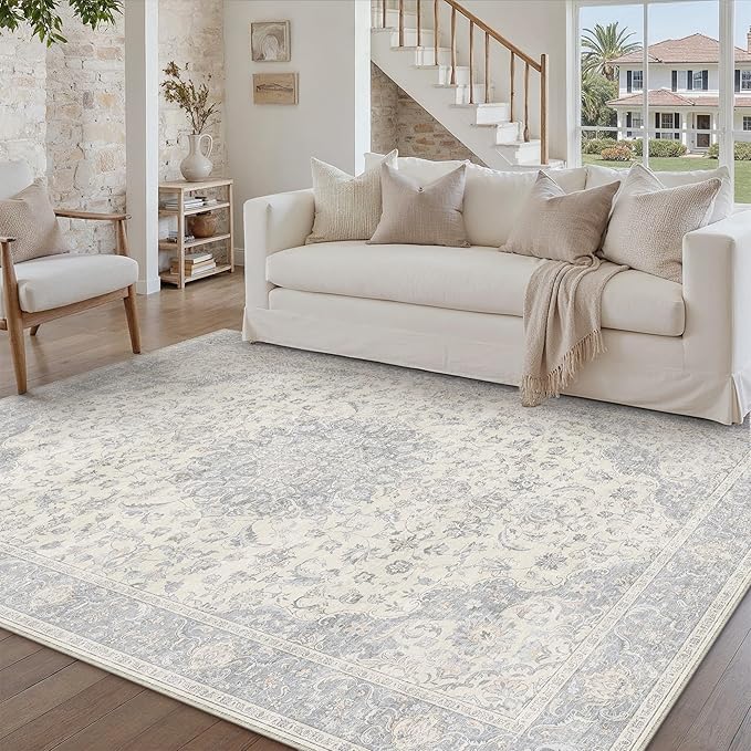 PureCozy 5x7 Area Rug Washable Neutral Gray Vintage Floral | Non Slip, Soft Low Pile, Indoor Carpet for Bedroom, Living Room, Dining Room, Farmhouse Decor