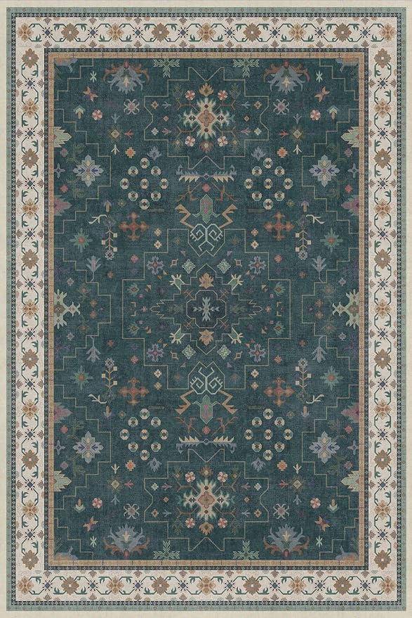 Hazo Haus Vintage Dark Green 6x9 Dining Room Rugs for Under Kitchen Table - Washable Livinig Room Rug - Unique Floral Pastel Low Pile Non-Slip Large Area Rugs for Bedroom