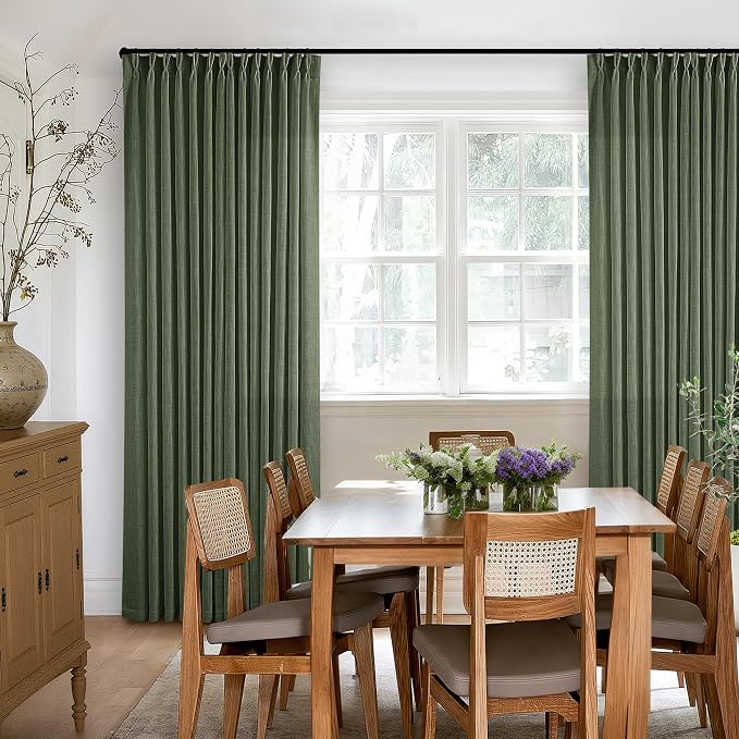 TWODRAPES Olive Green Linen Pinch Pleated Curtains 84 Inches Long 2 Panels for Living Room Bedroom Linen Pleated Hooks Rings Back Tab Light Filtering Loden Moss Green Farmhouse Drapes 84 Inch Length