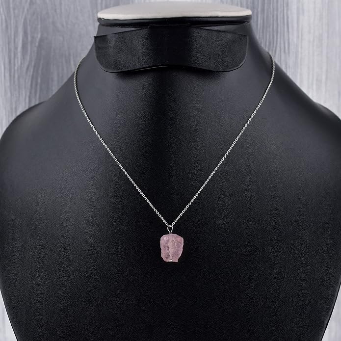 Natural Raw Crystal Rough Gemstone Pendant Necklace For Women, Chakra Healing Stones, Birthstone Jewelry, Rhodium Plated 925 Sterling Silver Chain 18 inch, Birthday Gift