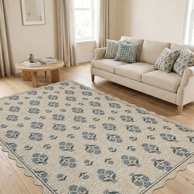 ORTIGIA Scalloped Easy Jute 5x7 Area Rug Vintage Blue Block Floral Farmhouse Washable Rug Non-Slip Indoor Outdoor Carpet for Living Room Bedroom Patio Entryway