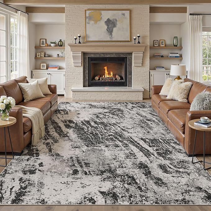 DMOYEST 7x9 Washable Area Rug: Abstract Modern Non-Slip Carpet, Soft Low Pile Indoor Neutral Easy Clean Floor Rugs for Living Room Bedroom Dining Room Kids & Pets - Black