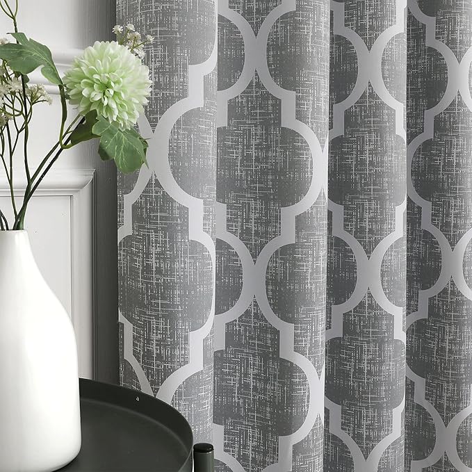 Beauoop Moroccan 100% Blackout Curtains Bedroom Grey 50x45 2 Panels | Geometric Room Darkening Drapes for Living Room 45 Inch Long Thermal Insulated Soundproof Lattice Window Treatment Grommet