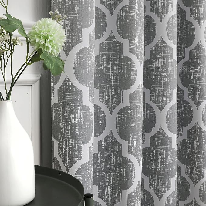 Beauoop Moroccan 100% Blackout Curtains Bedroom Grey 50x63 2 Panels | Geometric Room Darkening Drapes for Living Room 63 Inch Long Thermal Insulated Soundproof Lattice Window Treatment Grommet