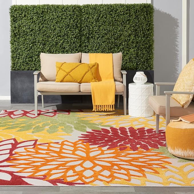 Nourison Home Aloha Indoor/Outdoor Red Multi Colored 7'10" x 10'6" Area Rug, Tropical, Botanical, Easy Cleaning, Non Shedding, Bed Room, Living Room, Dining Room, Deck, Backyard, Patio (8x10)