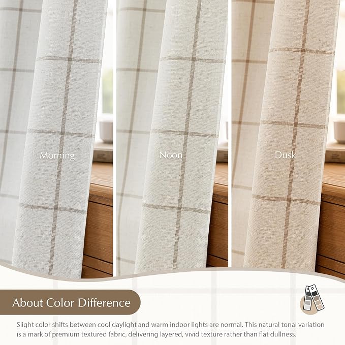DriftAway 100% Blackout Plaid Linen Curtains 63 Inches Long 2 Panels Taupe | 100% Blackout, Linen Texture, Plaid Pattern, Two Layers, Rod Pocket & Back Tab, Bedroom Living Room Use, Luxury Appearance