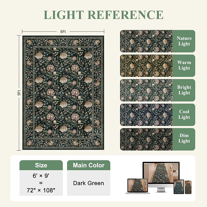 DUKINO 6x9 Area Rug Vintage Floral Washable Rugs for Living Room Dark Green | Non Slip, Low Pile, Non-Shedding, Stain Resistant Soft Large Carpet for Bedroom Home Office Dining Room Farmhouse, Home Decor