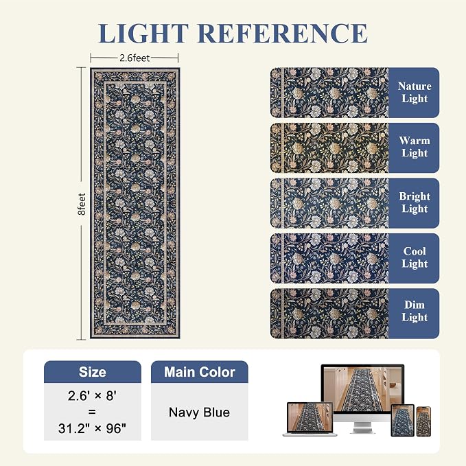 DUKINO 2.6x8 Runner Rug, Washable Vintage Floral Kitchen Runners, Navy Blue | Non Slip, Low Pile, Non-Shedding Soft Carpet for Hallway Bathroom Laundry Entryway Bedroom Farmhouse, Kids and Pets Friendly