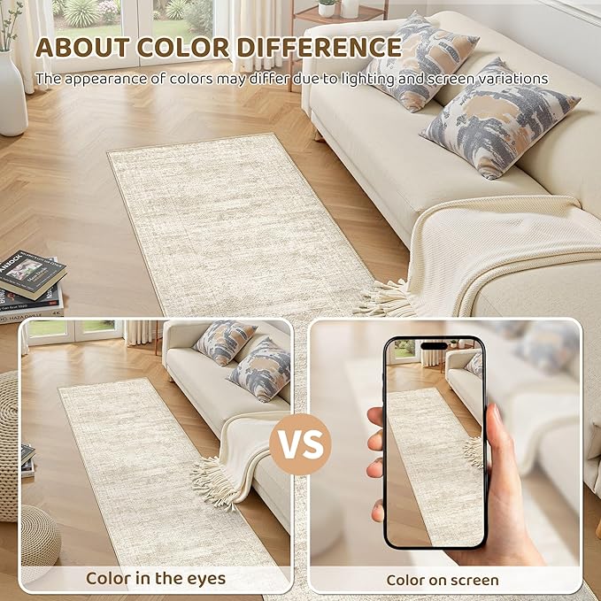 UERMEI 2x6 Washable Runner Rug for Hallway, Non Slip Low Pile Kitchen Carpet, Neutral Modern Abstract Indoor Floor Mat for Entryway Laundry, Kid & Pet Safe High Traffic Area, Beige/Brown