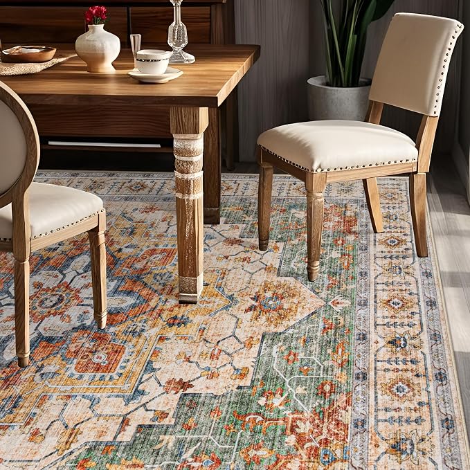 Area Rug 6x9 Vintage Rug: Washable Indoor Medallion Rugs Low Pile Distressed Floor Carpet Retro Accent Rug for Living Room Bedroom Kitchen Dining Table Home Office(Green/Yellow, 6'x9')