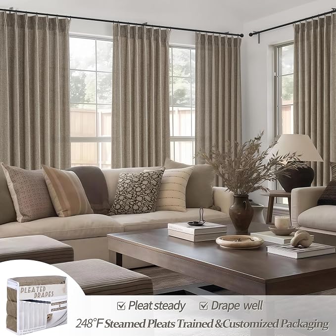 Dark Flax Memory Trained Pinch Pleated 63 Inch Curtains for Dining Room, Thick Linen Semi Sheer Light Filtering Privacy Boho Curtains for Living Room with Back Tab Country Burg 40W * 63L 2 Panels Set