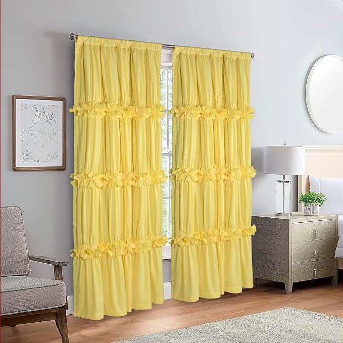 Homechoice Decor Blackout Window Curtains Bright Yellow, 54"W x 84"L(Pair) | Boho Ruched Thermal Insulated Window Treatments with 3 Rows of Butterfly Flowers, Rustic Rod Pocket Drapes (LQ-30)