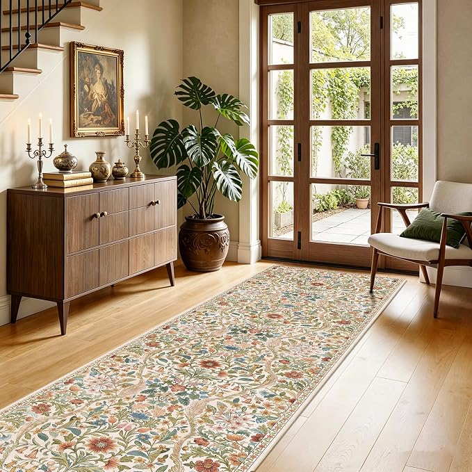 2’6″x 8’ Washable Runner Rug, Beige Boho Area Rug for Hallway, Low-Pile Non-Slip Stain Resistant Long Carpet for Kitchen, Bedside,Laundry Room,Entryway