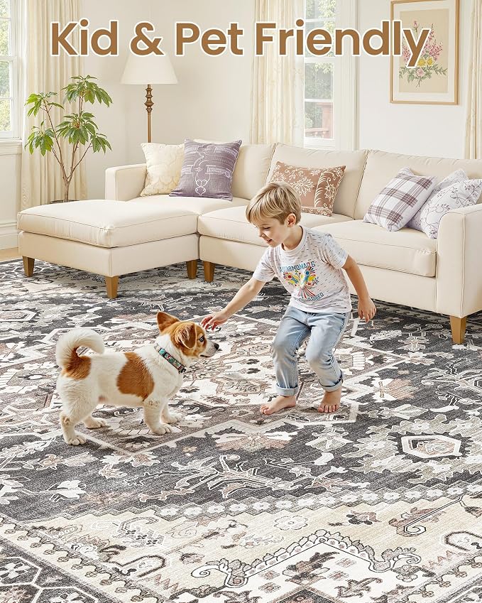 6x9 Vintage Area Rug: Washable Neutral Soft Non Slip Thin Large Floor Carpet for Living Room Bedroom Kitchen Dining Room Home Office Farmhouse Indoor - Black