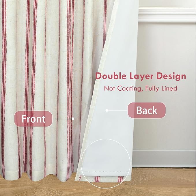 DriftAway Farmhouse Stripe Blackout Curtains, W52xL108, Red | Blackout, Linen Texture, Stripe Pattern, Rod Pocket & Back Tab, Two Layers, Bedroom Living Room Use, Sound Reducing Design