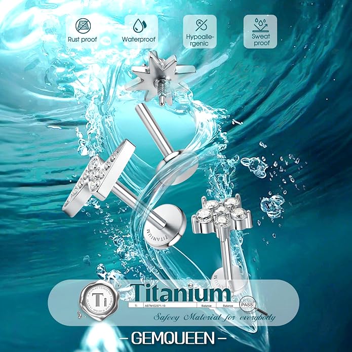 GEMQUEEN G23 Implant Grade Titanium 18G Internally Threaded Flat Back Earrings 5A CZ Studs: 14K Gold Hypoallergenic 3 Pcs Tragus Cartilage Conch Helix Piercing Jewelry for Sensitive Ears Women Men