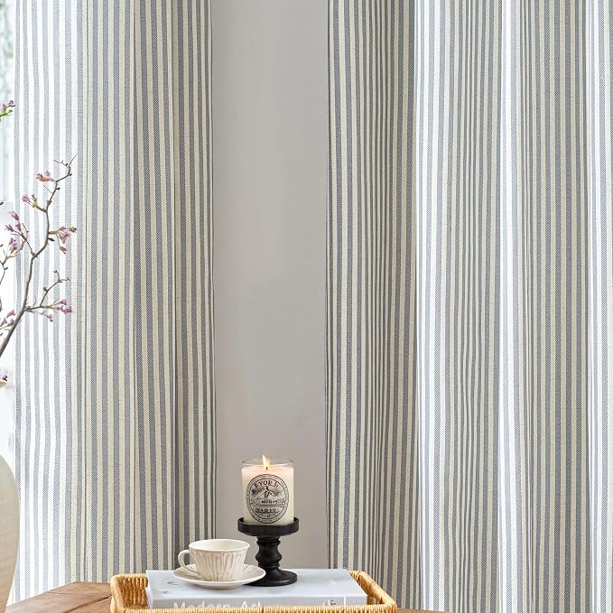 jinchan Linen Curtains 84 Inch Blue Stripe on Beige Grommet 2 Panels | Curtains for Living Room Bedroom,Ticking Stripe Pattern,Farmhouse Cottage Core Rustic, Window Treatment,Light Filtering