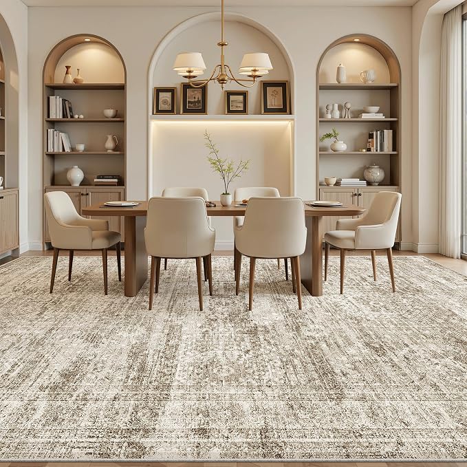 Soalmost 10x14 Area Rugs for Living Room, Non Slip Machine Washable Vintage Rugs, Low Pile Lightweight Large Rug for Bedroom, Dining Room, Home Office Brown
