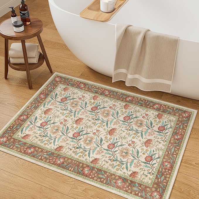 DUKINO 2x3 Rug, Washable Vintage Floral Bathroom Rugs Non Slip, Brown | Low Pile, Stain Resistant Boho Soft Indoor Door Mat, Small Front Door Carpet for Entryway Kitchen Laundry Bedroom Farmhouse