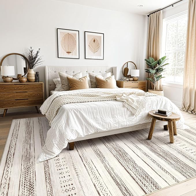 Tortania Area Rug Living Room Rugs - 5x8 Washable Large Soft Neutral Boho Moroccan Bohemian Farmhouse Rug Indoor Floor Carpet for Bedroom Under Dining Table Home Office Decor - Brown Beige