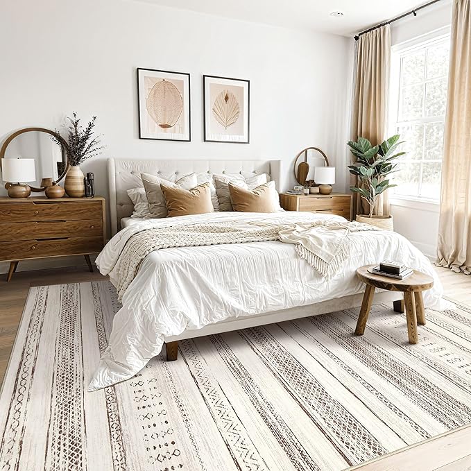 Tortania Area Rug Living Room Rugs - 6x9 Washable Large Soft Neutral Boho Moroccan Bohemian Farmhouse Rug Indoor Floor Carpet for Bedroom Under Dining Table Home Office Decor - Brown Beige