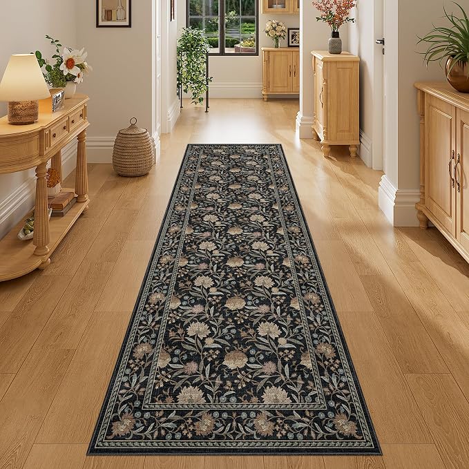 DUKINO 2x6 Runner Rug, Washable Vintage Floral Kitchen Rug, Black | Non Slip, Low Pile, Non-Shedding, Stain Resistant Soft Carpet Runner for Hallway Bathroom Entryway Bedroom Laundry Farmhouse