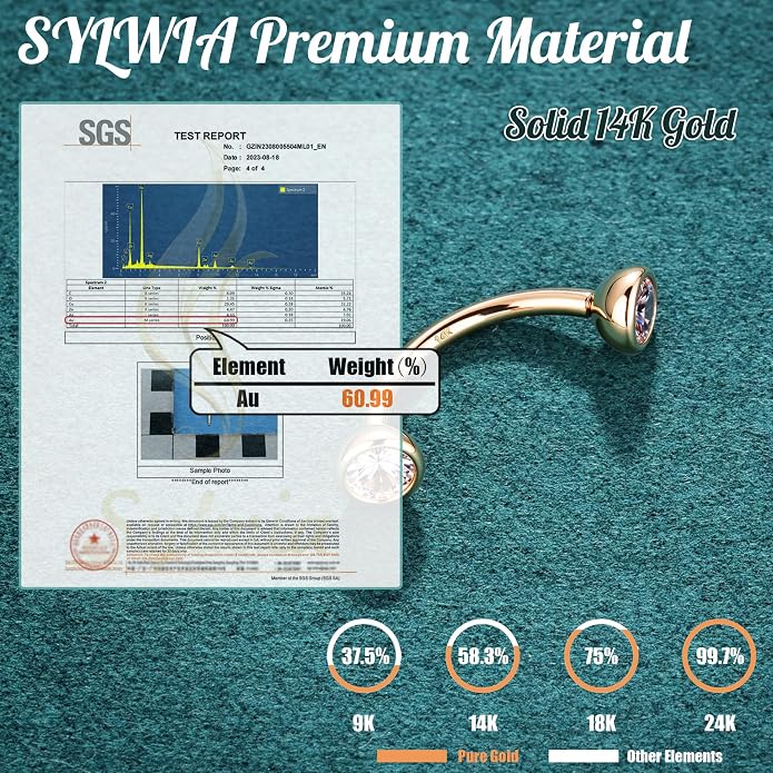 SYLWIA 14K Real Gold Eyebrow Rings, 16G Internal Thread Rook Piercing Jewelry, Diamond CZ - 3MM, Solid Gold Belly Rings Eyebrow Piercing Jewelry for Women