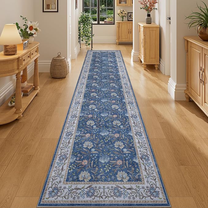 DUKINO 2x10 Runner Rug for Hallway, Washable Vintage Floral Rug, Sky Blue | Non Slip, Low Pile, Non-Shedding, Stain Resistant Soft Long Runner Carpet for Kitchen Bathroom Entryway Bedroom Farmhouse