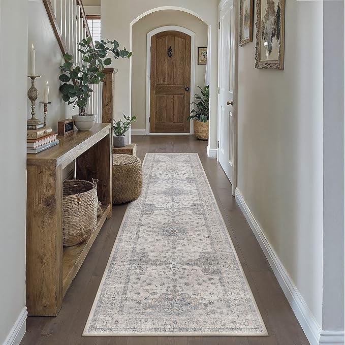 HUGEAR 2x10 Runner Rugs Machine Washable Vintage Blue Hallway Rug Soft Area Rug Carpet Non-Shedding Non-Slip Low Pile for Bedroom Kitchen Retro Aesthetic Modern Decor
