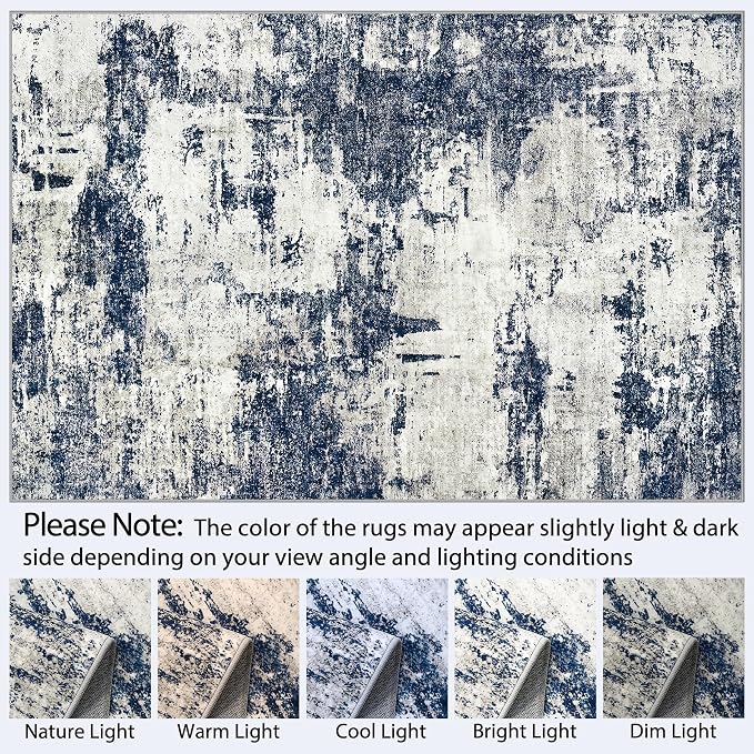 Washable Rug 6x9 Area Rugs: Soft Large Living Room Rug with Anti-Slip Backing Non-Shedding Stain-Resistant Modern Abstract Carpet for Bedroom Dining Room Nursery Home Office-Gray/Blue