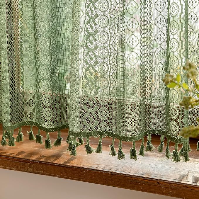 Sutuo Home Olive Green Boho Lace Curtains 2 Panels 45 Inch Long,Semi Sheer Small Window Curtains Drape for Kitchen Cafe Crochet Vintage Chic Tassels Bohemian Privacy Rustic Geometry Rod Pocket, 50" W