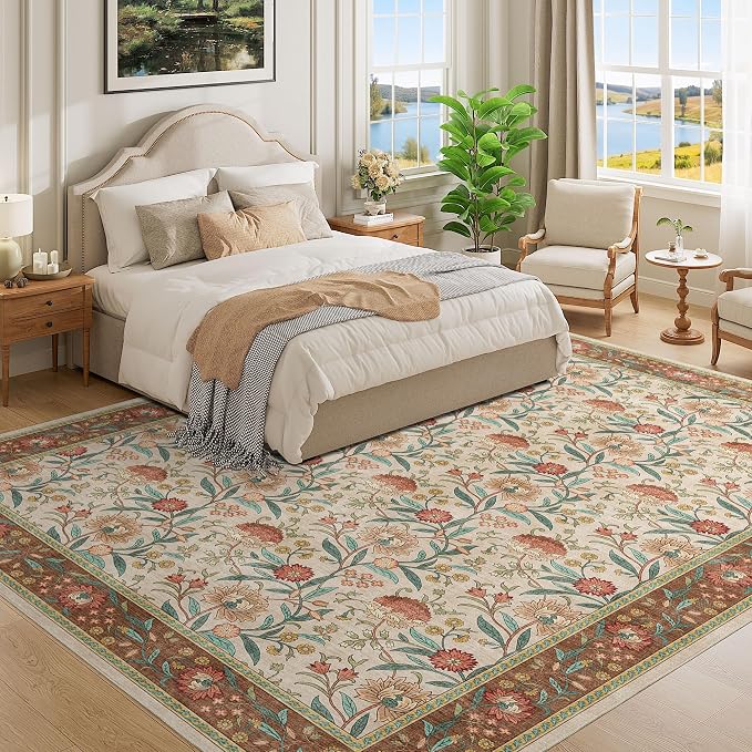 DUKINO 9x12 Area Rug for Living Room, Vintage Floral Washable Rug, Brown | Non Slip, Low Pile, Non-Shedding, Stain Resistant, Aesthetic Soft Indoor Large Carpet for Bedroom Dining Room Farmhouse