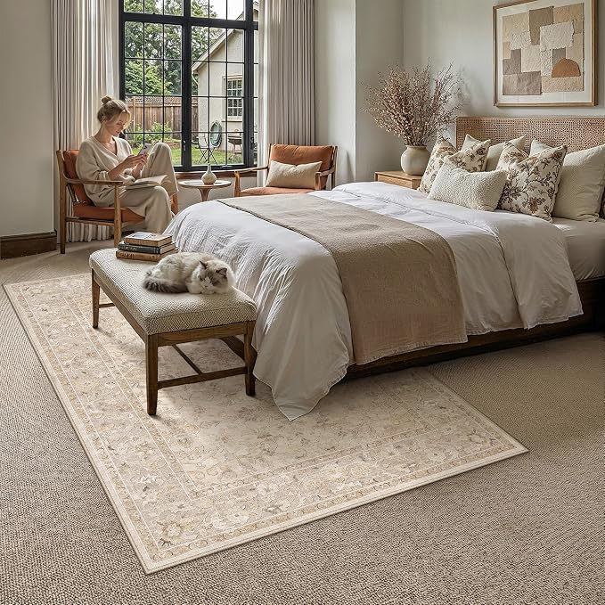 5x7 Beige Washable Area Rug Non Slip Vintage Carpet | Soft Low Pile, Lightweight Foldable, Pet Friendly, Living Room, Bedroom, Dining Room, Classroom, Playroom