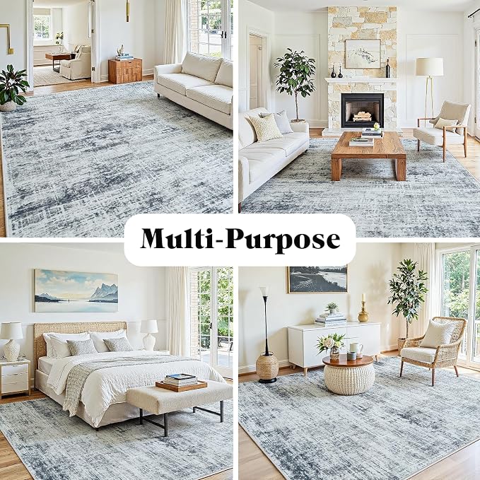 10x12 Area Rugs Washable Rug: Anti-Skid Abstract Modern Living Room Rug Soft Thin Carpets Indoor Floor Non-Shedding Carpet for Bedroom Dining Farmhouse Nursery Home Office (Black/Grey/White,10'x12')