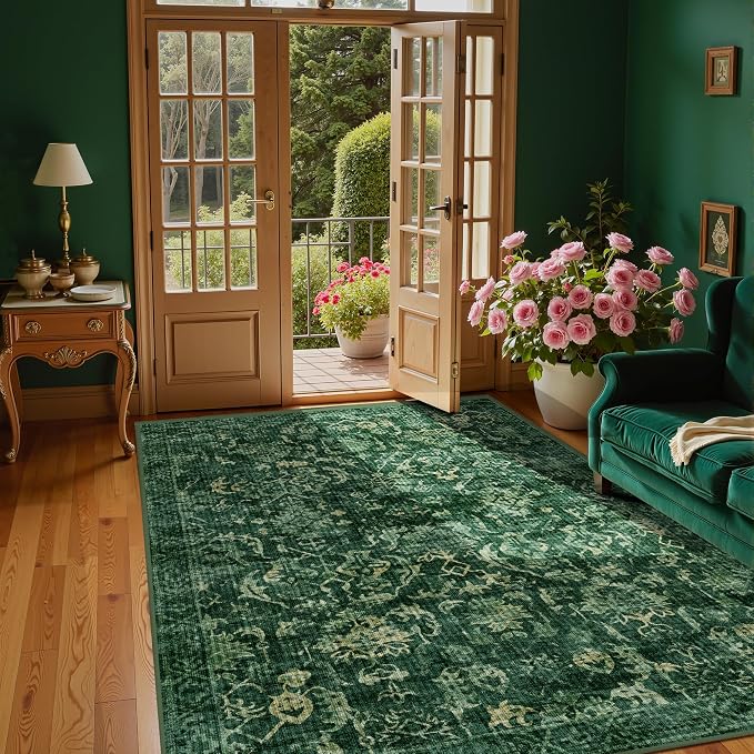Dark Green Vintage Area Rug 3x5 for Living Room Bedroom, Washable Distressed Farmhouse Soft Thin Non-Shedding Indoor Throw Rug, Traditional Accent Carpet for Bedroom Office