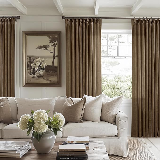Dutch Cocoa Pinch Pleat Linen Curtains 108 Inches Long 60 Inch Wide 1 Panel | Light Filtering Semi Sheer Privacy, 400GSM Fabric Memory Shape, Pinch Pleated, for Sliding Door Living Room Bedroom, W60xL108