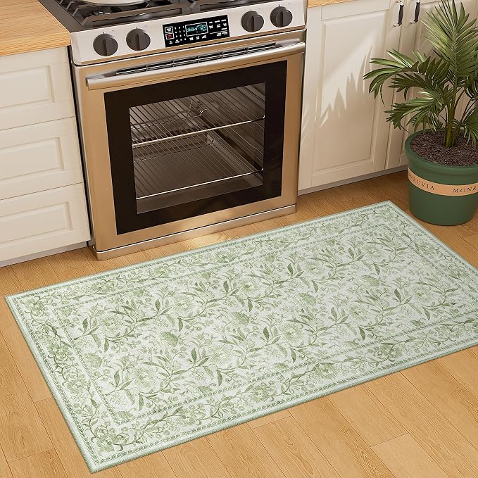 DUKINO 2x4 Rug, Washable Vintage Floral Entryway Rug Non Slip, Sage Green | Low Pile, Non-Shedding, Stain Resistant Boho Lightweight Soft Indoor Carpet for Kitchen Bathroom Hallway Laundry Farmhouse