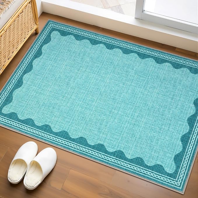 GarveeHome Scalloped Teal Washable Rugs 8x10 Rug for Living Room Solid Modern Minimalism Soft Low-Pile Carpet for Bedroom Dining Nursery Non Slip TPE Backing