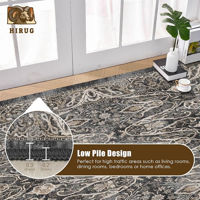 Washable Area Rug 6' x 9' Vintage Traditional Persian Mat - Foldable Distressed Non-Slip Machine Washable Carpet for Living Room Bedroom Kitchen Home Decor - Ebony and Taupe