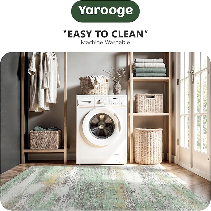6x9 Area Rugs, Abstract Modern Ultra Soft Washable Rug, Non Slip Carpet with Rubber Back Stain Resistance Rugs for Living Room, Bedroom, Dining Room Decor(Light Green/Cream)