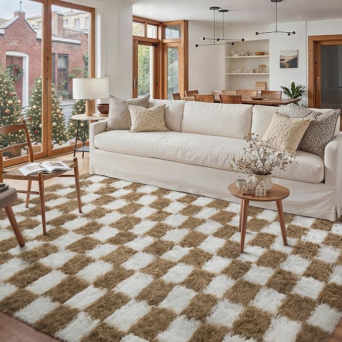 PureCozy 6x9 Area Rugs for Living Room Brown Soft Shag Checkered Large Rug Modern Washable Indoor Office Fuzzy Carpet Non-Slip Fluffy Rugs for Bedroom Nursery Dorm Playroom Home Aesthetic Decor
