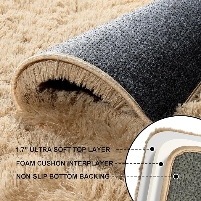 4x6 Rugs for Bedroom, Fluffy Area Rugs for Living Room, Small Fuzzy Shag Soft Non-Slip Carpet for Kids Girls and Boys Nursery Dorm Indoor Room Home Decor (4ft X 6ft, Light Tan)