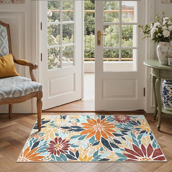 GENIMO 3x5 Outdoor Rug, Washable for Porch and Balcony, Rust Blue | Floral design for entryway; fade resistant chenille with quick-dry non-slip backing for indoor mudroom