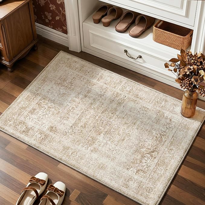 Beauoop 2x3 Washable Beige Neutral Vintage Distressed Retro EntryWay Rug | Cream Non Slip Low Pile Oriental Soft Small Carpet Throw Rugs Door Mat Retro Entry Entrance Kitchen Bedroom Bathroom Laundry