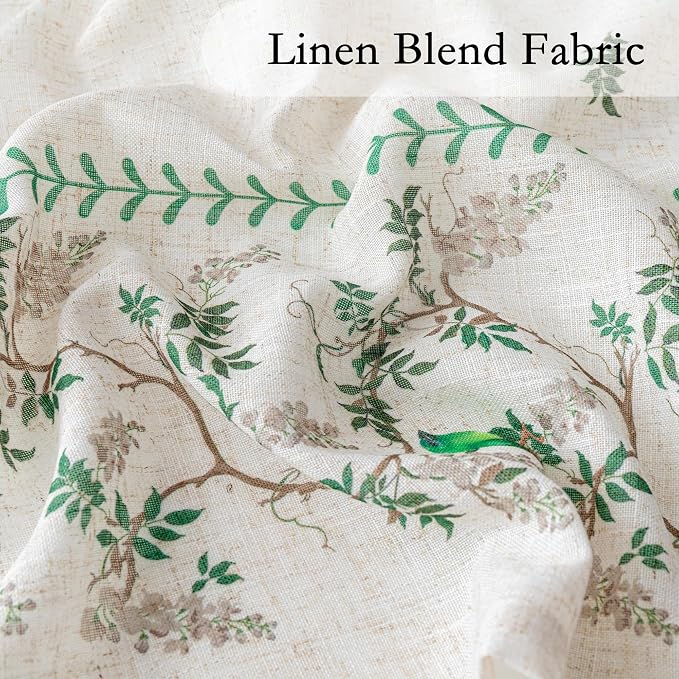 MYSKY HOME Boho Curtains for Living Room Linen Blend Leaf Bird Printed Curtains & Drapes 72 inches Length Farmhouse Room Decor Style Light Filtering Back Tab for Dining Room, Green, 50" x 72", Pack-2