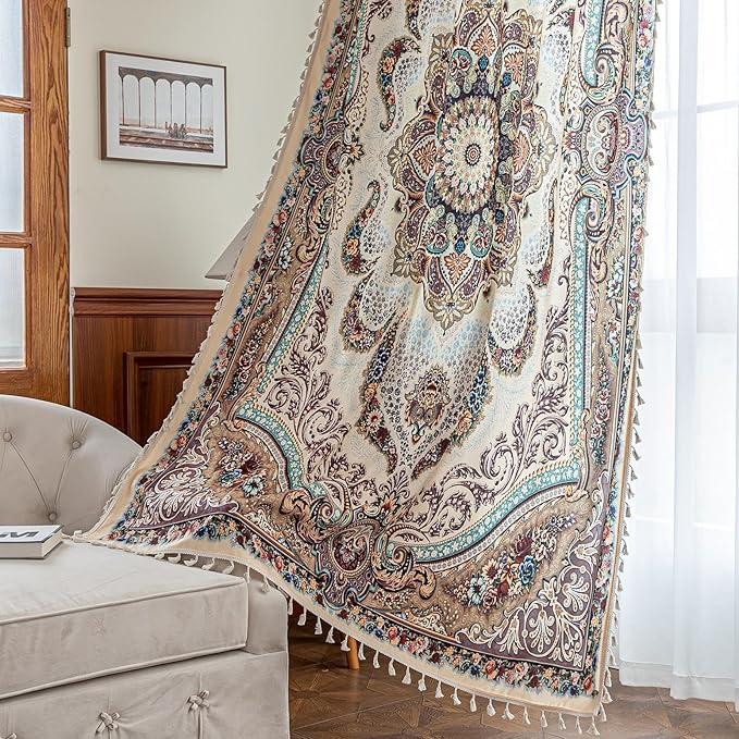 Brown Medallion Curtains 72 Inches Long, Vintage Paisley Boho Farmhouse Light Filtering Rod Pocket Drapes with Tassel Trim for Bedroom Living Room, 2 Panels
