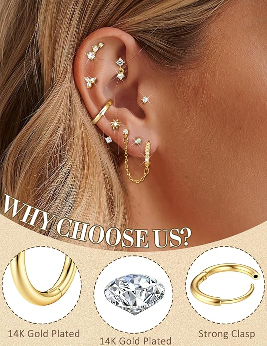 Florideco Small Stud Hoop Earrings for Women Hypoallergenic 14K Gold Plated Surgical Stainless Steel Flat Back Earrings Dainty Hoop Stud Earring Stacks Cartilage Earring Set for Multiple Piercing