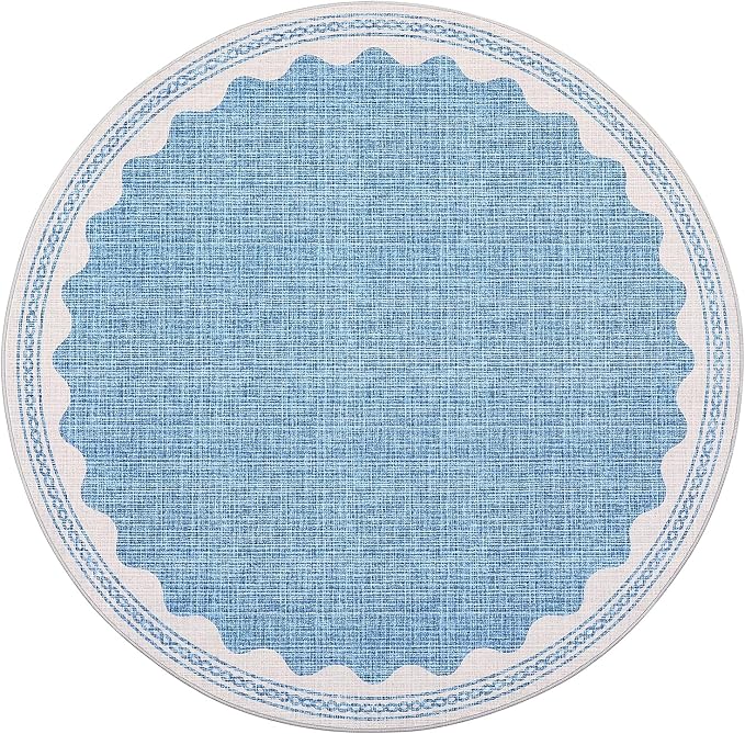 GarveeHome Scalloped Blue 4ft Round Rug Washable Non-Slip Soft Ultra-Thin Small Circle Modern Cottage Core Solid Tan Carpet for Entryway Kitchen Bedroom Nursery Dining Room