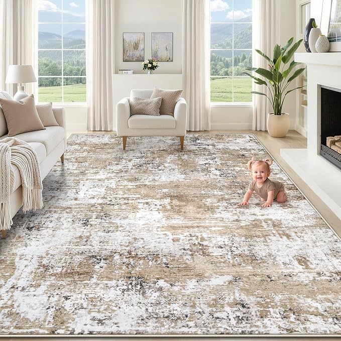 XLUEZ 9x12 Area Rug for Living Room, Washable Modern Abstract Large Area Rug Neutral Soft Non Slip Kids Rug Stain Resistant Indoor Carpet for Bedroom Dining Room Playroom Office(Beige, 9'x12')