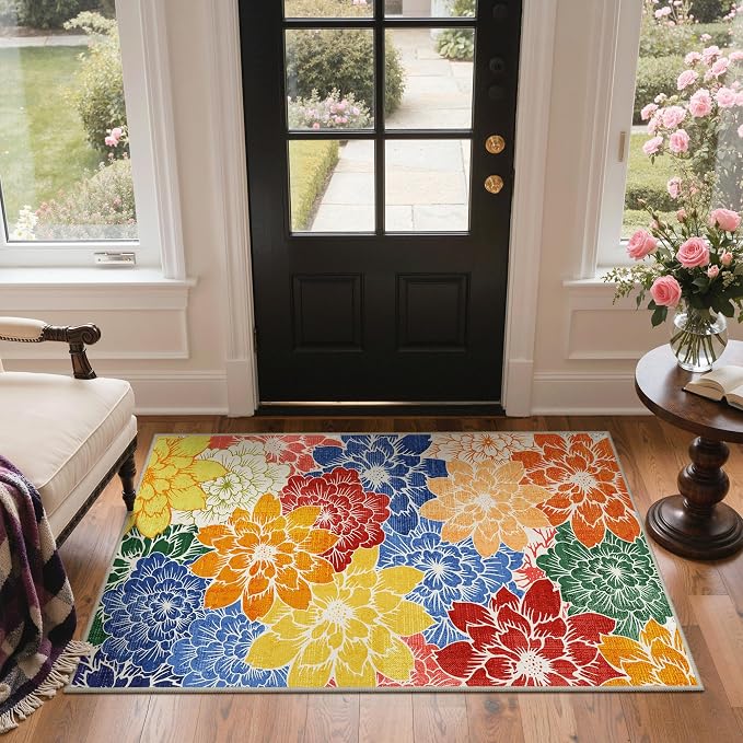 GENIMO Indoor Outdoor Area Rug for Entryway, 2'x3' Entry Rugs Door Mat, Machine Washable, Waterproof, Non-Slip, Easy Cleaning, Floral Outdoor Carpet for Patio Balcony Bedroom Kitchen, Colorful